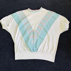 Vintage American Spectator Shirt Womens Large White Lace V Dolman Top Striped